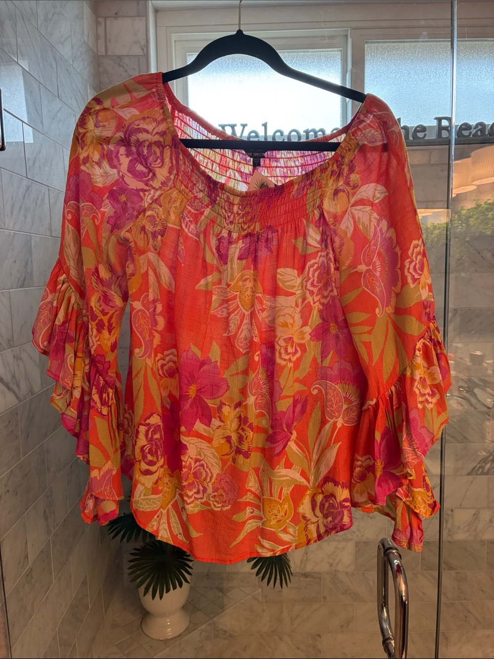 Unique Spectrum Orange and Pink Floral Off-Shoulder Tunic